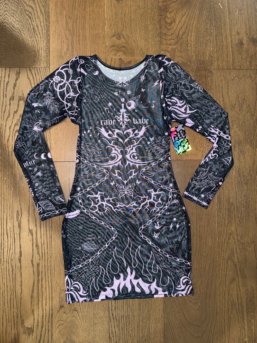 Freedom Rave Wear “Rave Babe” Mesh Mini Dress NWT Large Black Pink Cyber Goth
